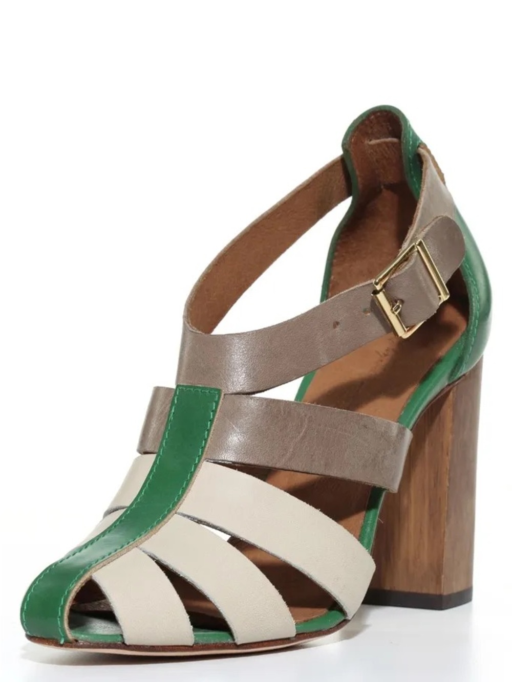 Elizabeth and James Green Taupe Cream Strappy Block Heel
